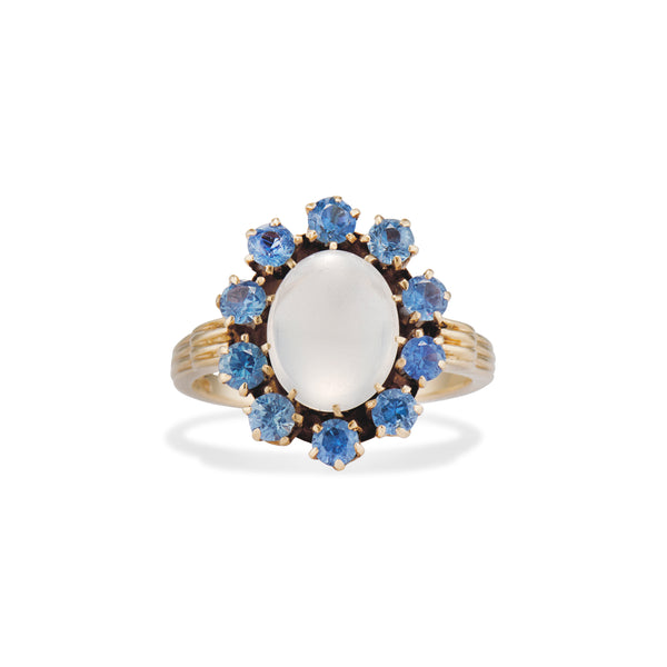 Milky Moonstone with Sapphire Halo Ring