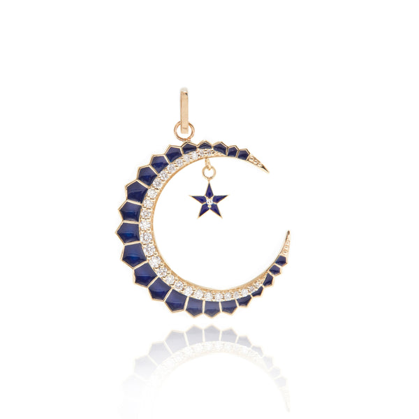 Enamel and Diamond Crescent Moon with Star Pendant