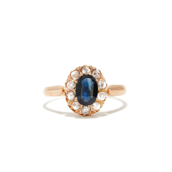 PETITE SAPPHIRE AND ROSE CUT DIAMOND HALO RING
