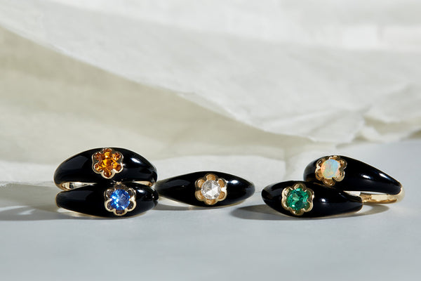 SS R13 OPAL Black Enamel Petite Birthstone Belcher Ring