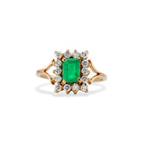 Green Emerald and Diamond Rectangular Halo Ring