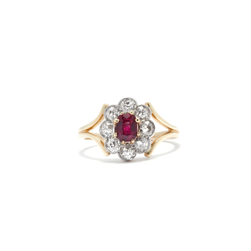 Old Mine Cut Diamond and Ruby Cluster Ring