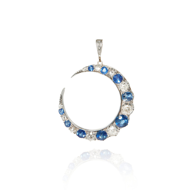 Large Sapphire and Old Mine Cut Diamond Crescent