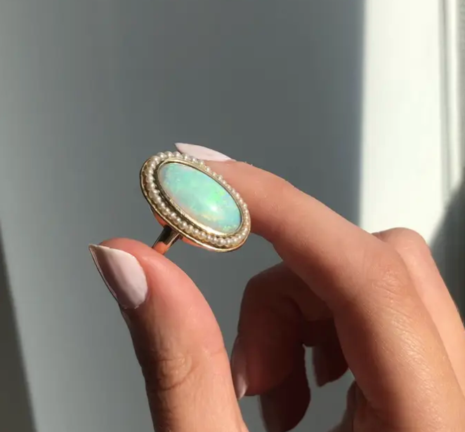 Large Opal and Pearl Halo Ring