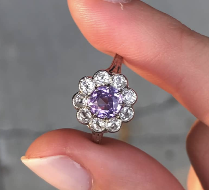 Art Deco Purple Sapphire Diamond Cluster Ring