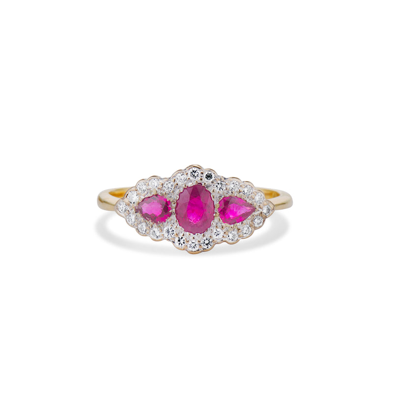 Three Stone Ruby and Diamond Cluster Ring
