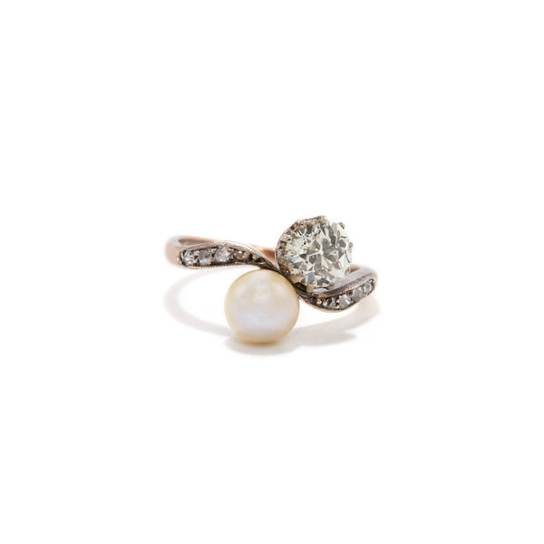 Old European Cut Diamond and South Sea Pearl Toi et Moi Ring