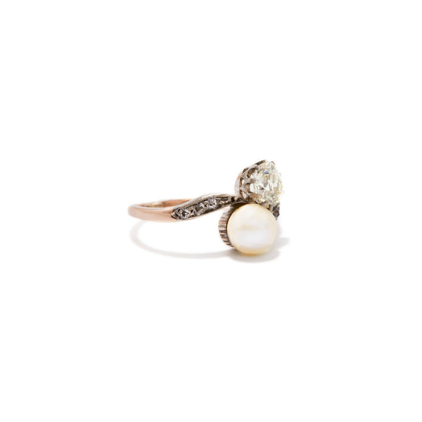 Old European Cut Diamond and South Sea Pearl Toi et Moi Ring