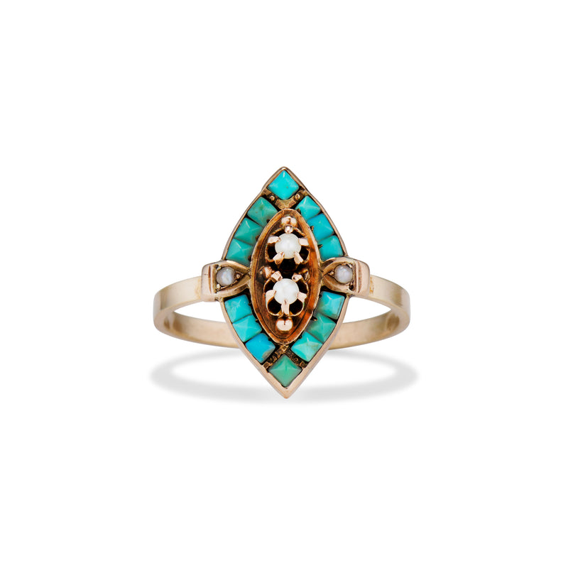 Victorian Turquoise and Pearl Navette Ring