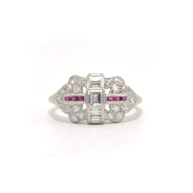 Art Deco Carré Cut Diamond and Ruby Ring