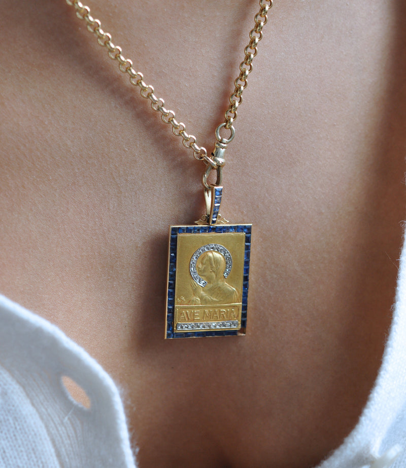 Ave Maria 18K Gold and Sapphire Pendant