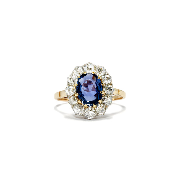 Sapphire and Old Mine Cut Diamond Halo Ring