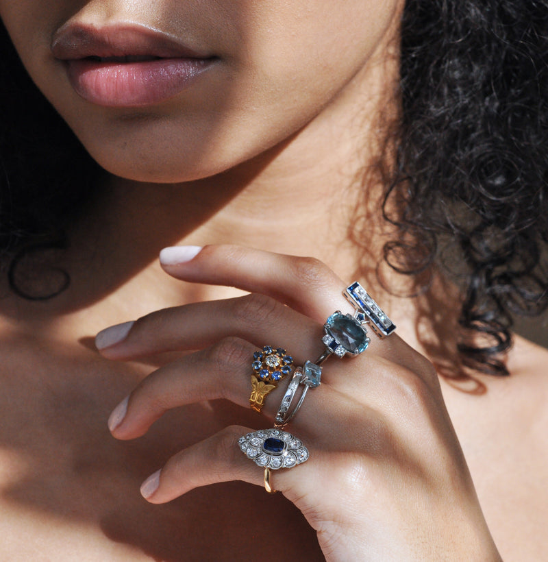 Old European Cut Diamond and Blue Sapphire Halo Ring