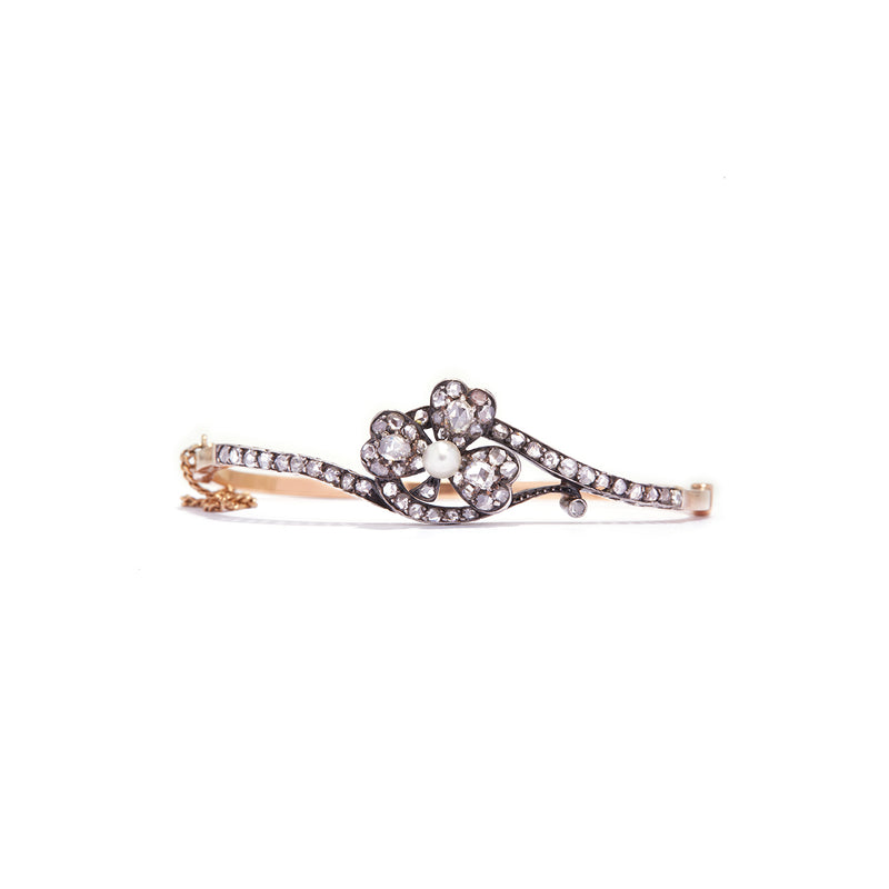 Clover Pearl and Rose Cut Diamond Bangle