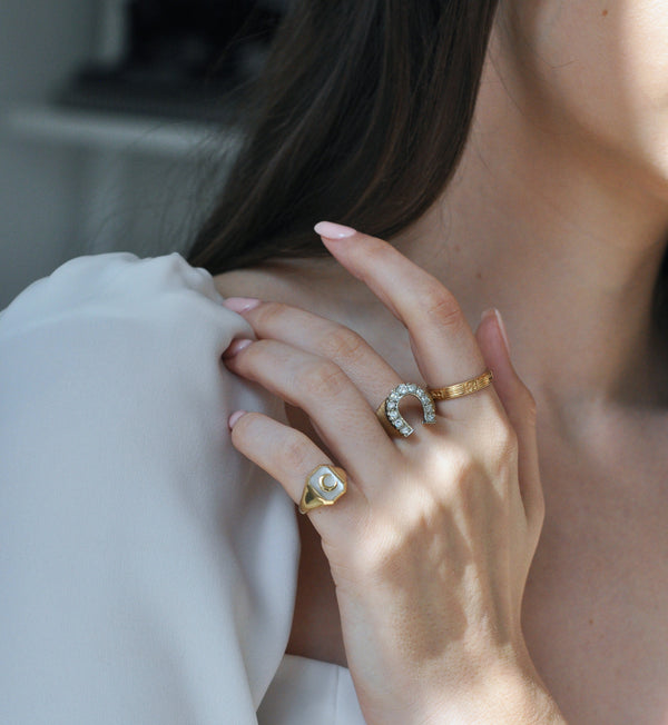 Mother Of Pearl Crescent Moon Signet Ring