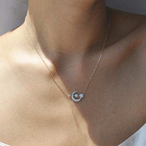 Diamond Crescent Moon and Arrow Necklace