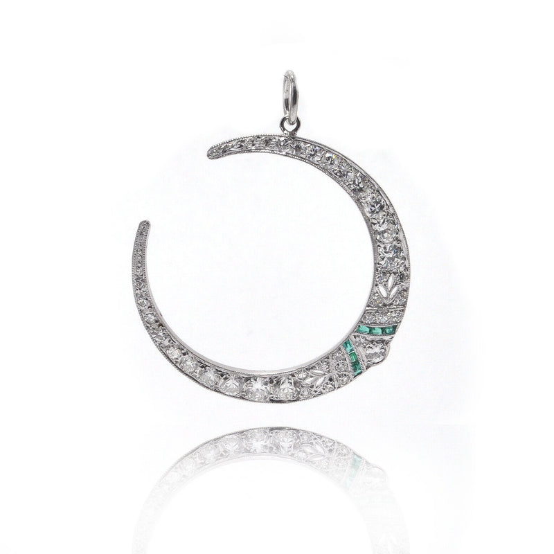 Old European Cut Diamonds and Synthetic Emerald Crescent Moon Pendant
