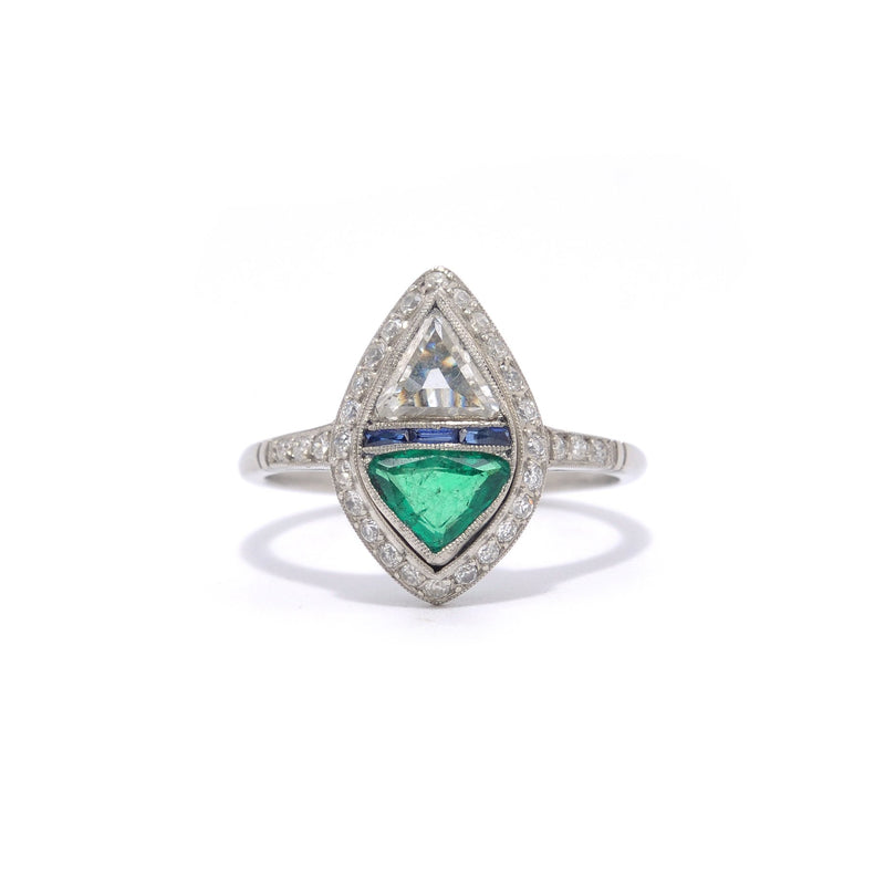 Deco Style Diamond and Emerald with Calibre Cut Sapphires Ring