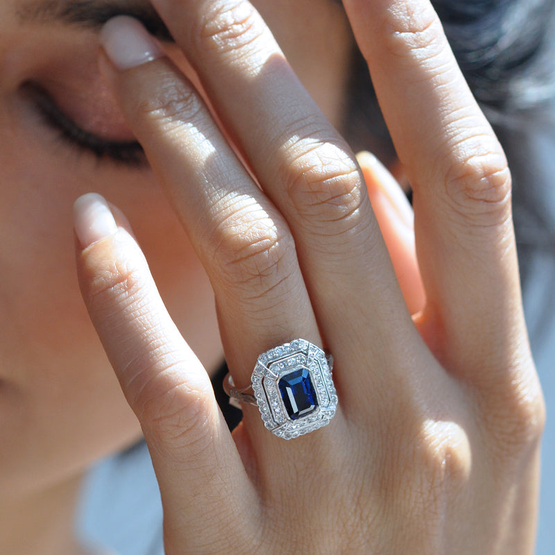 Deco Sapphire Double Halo Ring