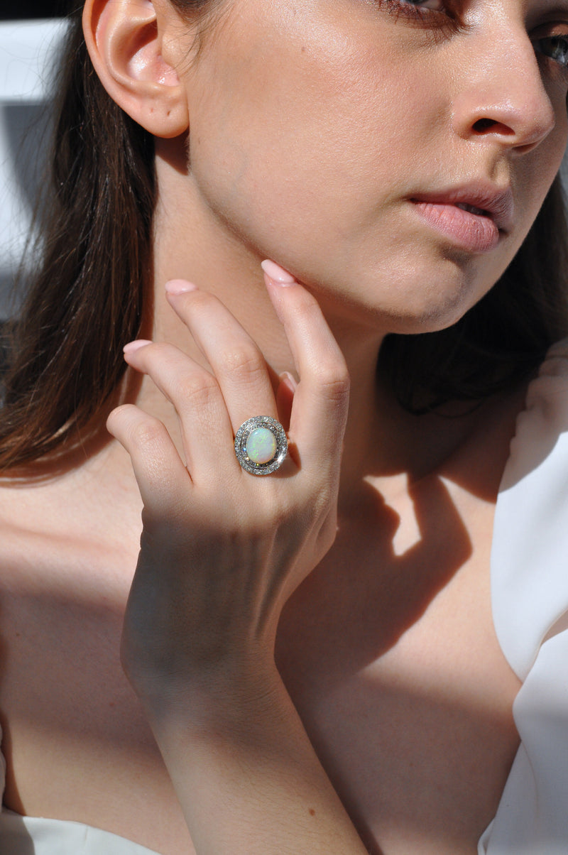 Opal Double Diamond Halo Ring