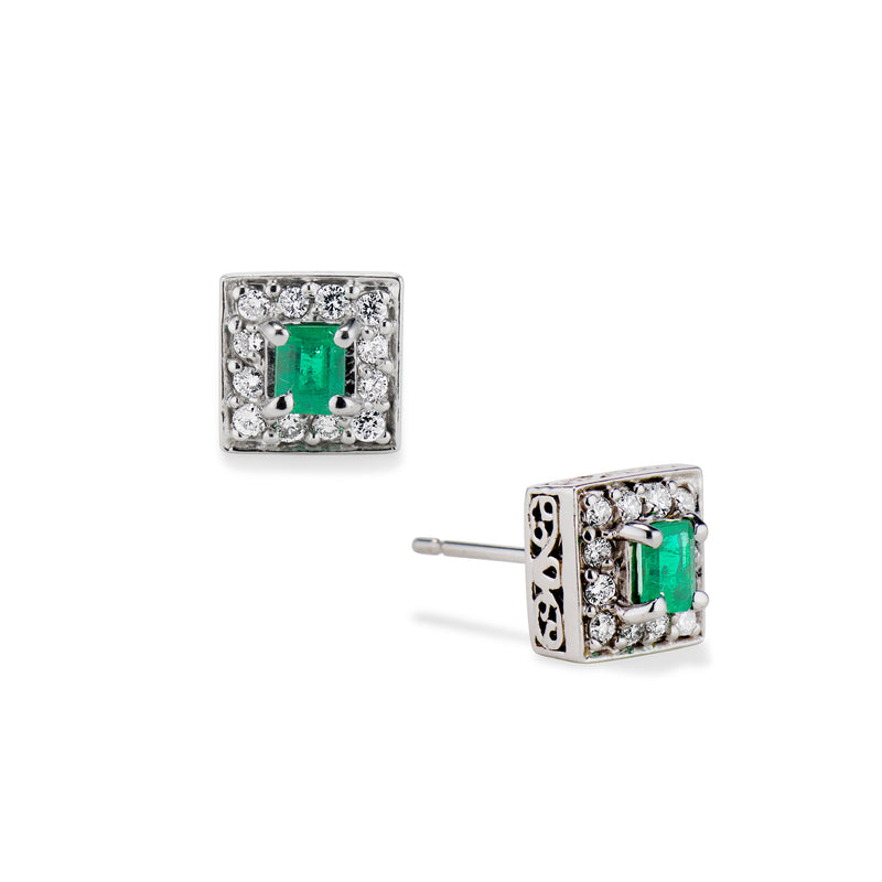 Square Emerald and Diamond Halo Earrings