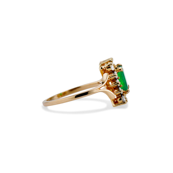 Green Emerald and Diamond Rectangular Halo Ring