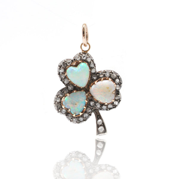 Opal Heart and Rose Cut Diamond Clover Pendant