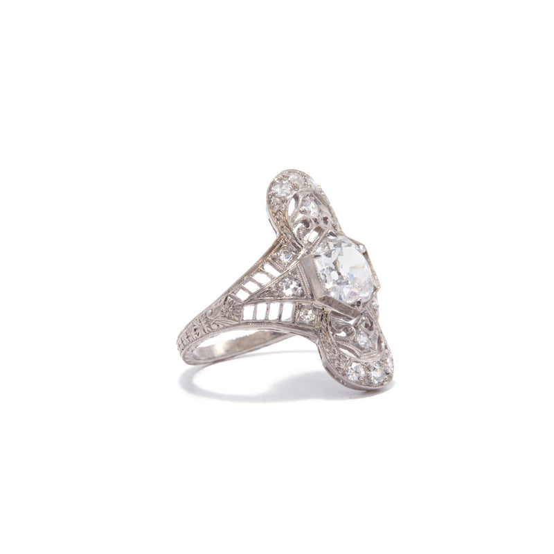 Art Deco Hexagon Diamond and Filigree Ring