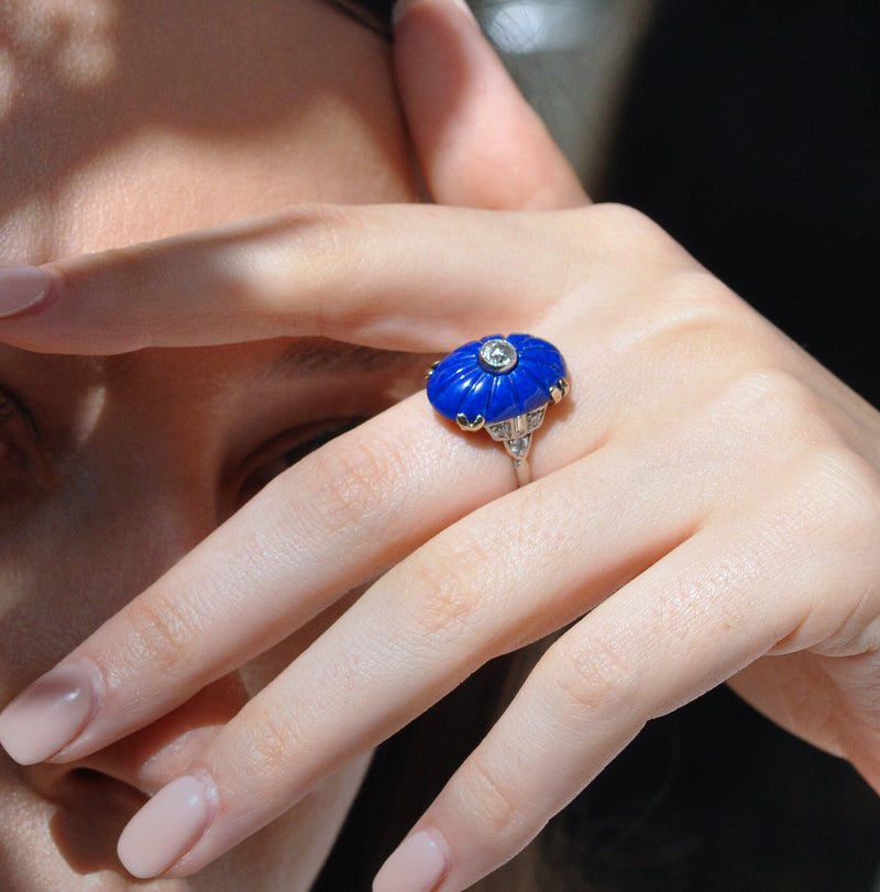Lapis Lazuli and Diamond Platinum Ring