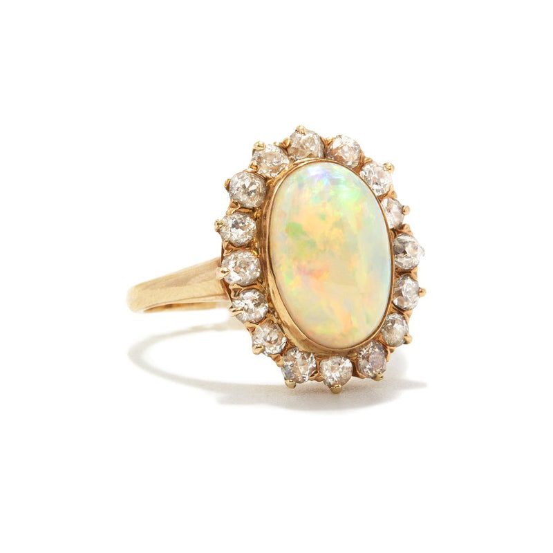 LARGE OPAL CABOCHON AND OLD MINE CUT DIAMOND RING