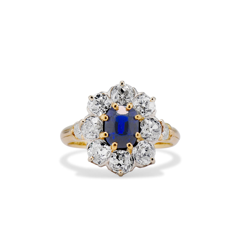 1886 Old Mine Cut Diamond Sapphire Cluster Ring