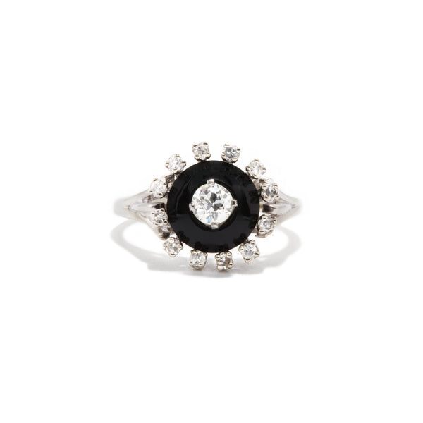 Black Onyx and Old European Cut Diamond Ring