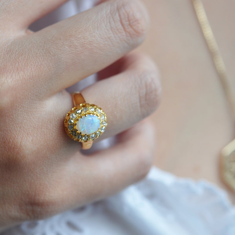 Opal with Rose Cut Diamond Halo Ring
