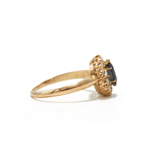 PETITE SAPPHIRE AND ROSE CUT DIAMOND HALO RING