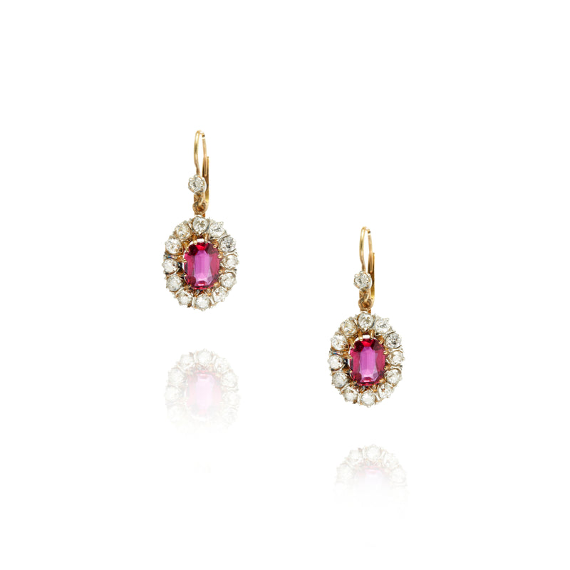 Ruby and old mine cut diamond cluster earrings