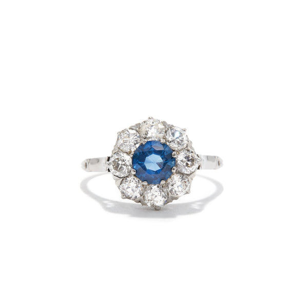 Platinum Edwardian Sapphire and Old Mine Cut Diamond Cluster