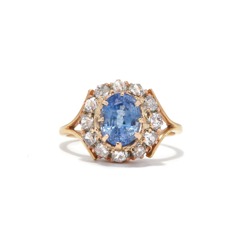 BLUE SAPPHIRE OLD MINE CUT DIAMOND HALO RING