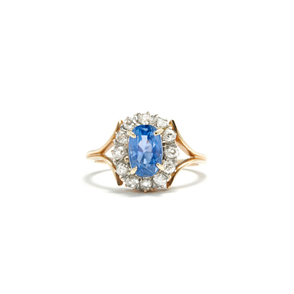 Blue Sapphire and Diamond Cluster Ring