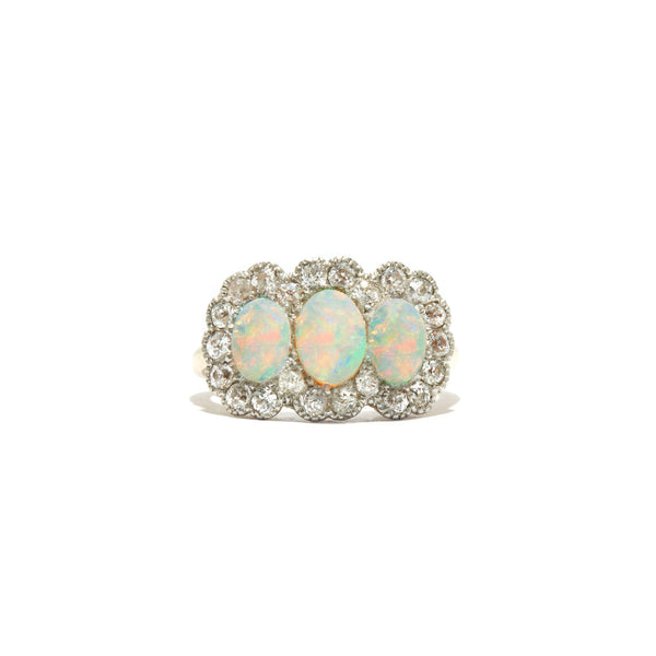 Diamond Halo Three Stone Opal Ring